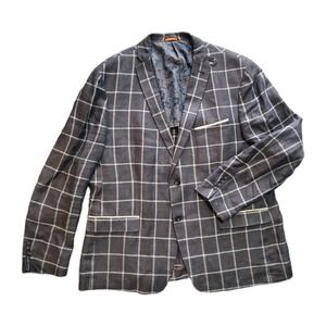 TALLIA Mens Blazer 46R Sport Coat Two Button Jacket Windowpane 100% Linen Brown